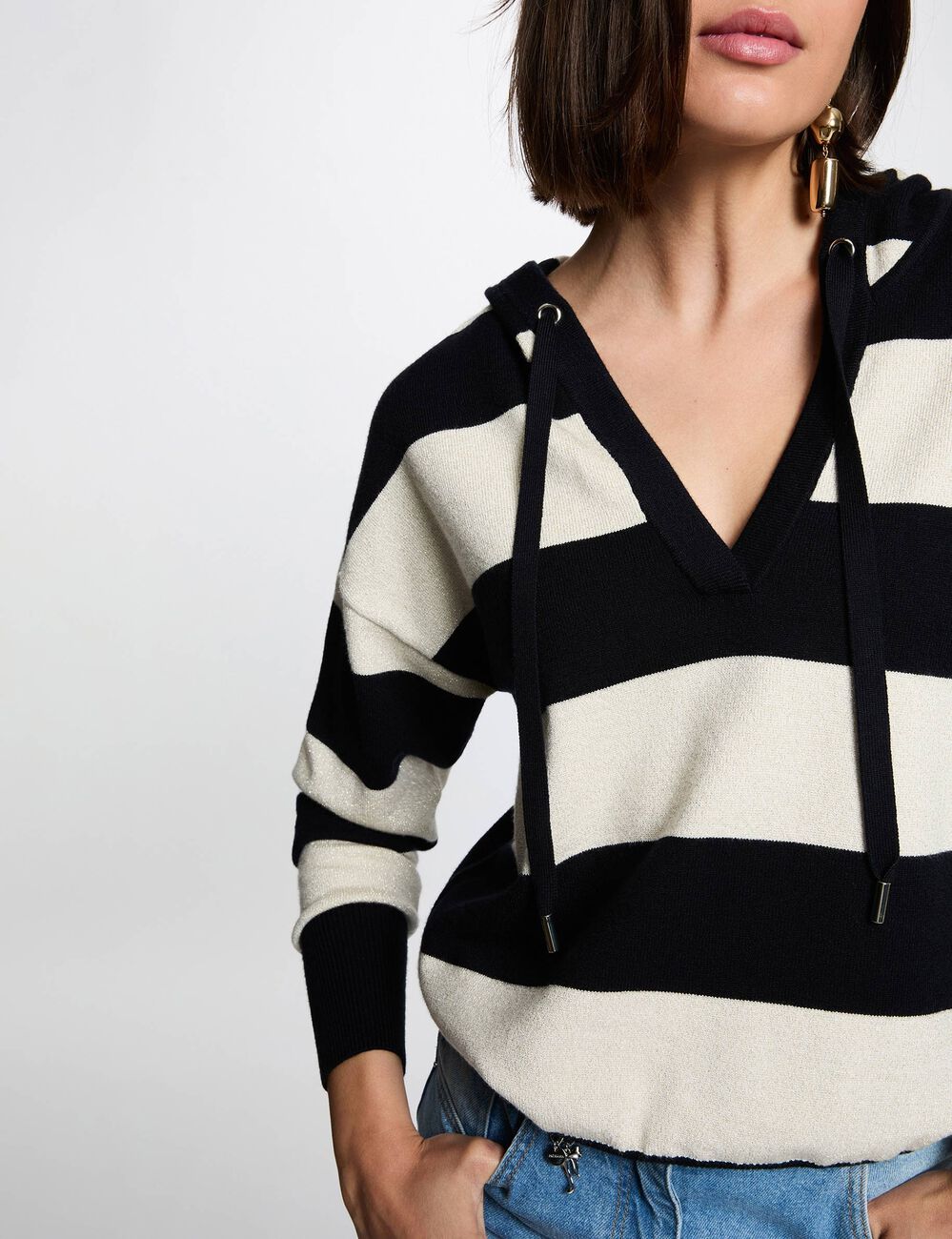 Striped sweater with hood navy blue women
