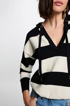 Striped sweater with hood navy blue women