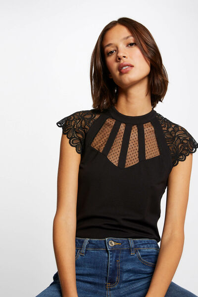 Short-sleeved t-shirt with lace black ladies'