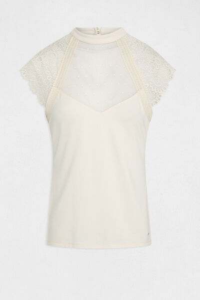 Short-sleeved t-shirt with lace ivory ladies'