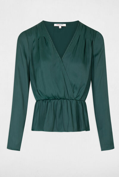 Satin long-sleeved blouse dark green ladies'