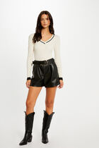 Pull manches longues col en V ivoire femme