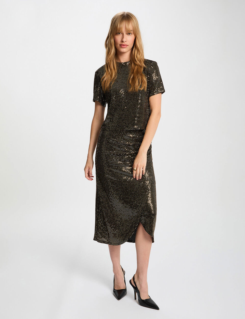 High neck sequin t-shirt gold yellow women