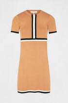 Fitted dress zip and contrasting strips camel women