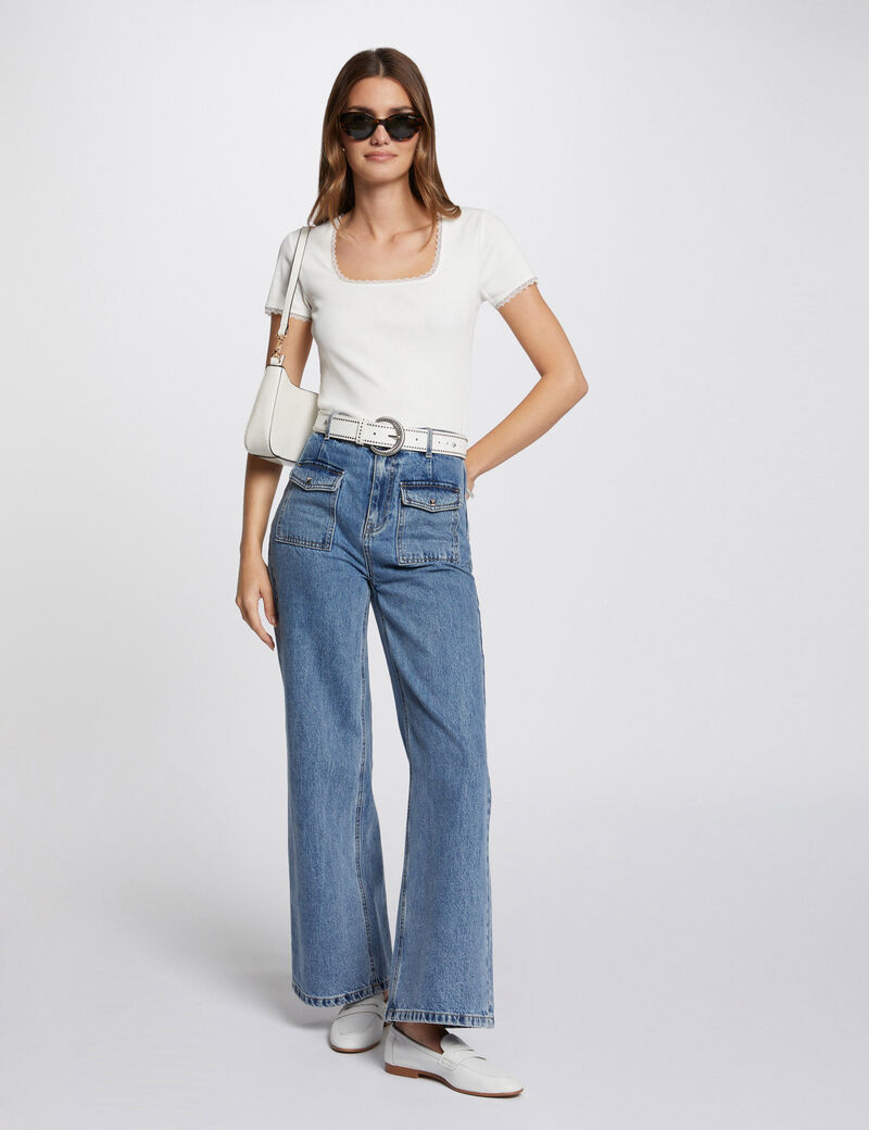 Short-sleeved ribbed t-shirt ivory women