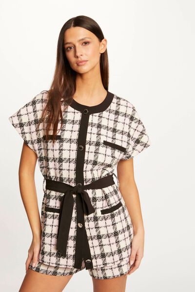 Checked straight belted jacket multico ladies'