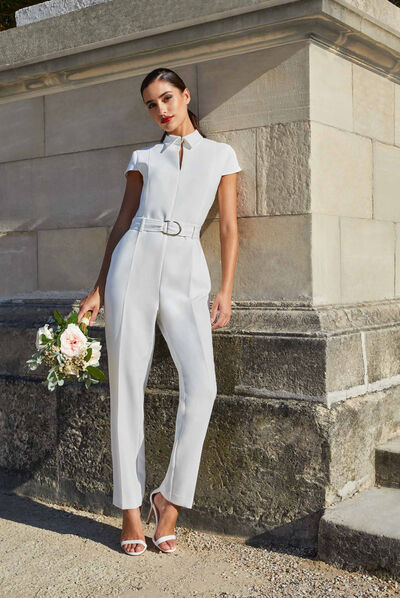 Straight jumpsuit with lapel collar ecru ladies'
