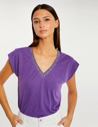 Short-sleeved t-shirt with V-neck dark purple ladies'