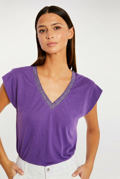 Short-sleeved t-shirt with V-neck dark purple ladies'