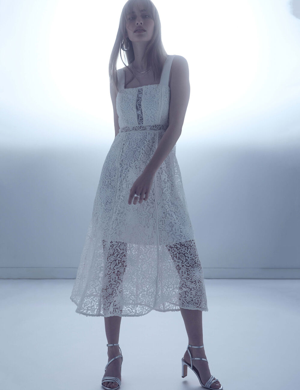 A-line midi lace dress white women