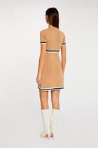 Fitted dress zip and contrasting strips camel women