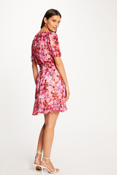 Waisted dress V-neck and floral print multico ladies'