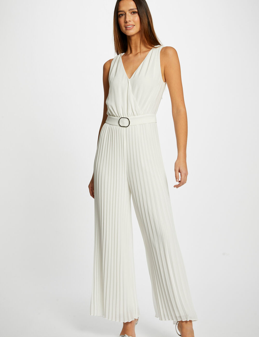 Loose jumpsuit with pleated legs ecru women