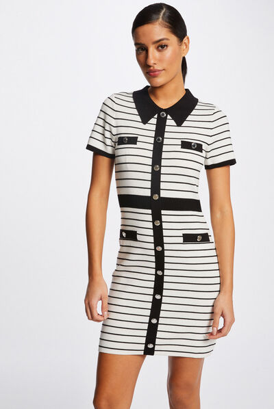 Fitted jumper dress with stripes ecru ladies'