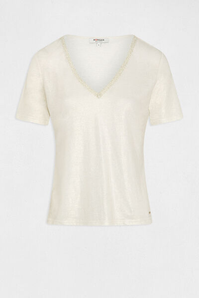 Short-sleeved t-shirt with V-neck ecru ladies'