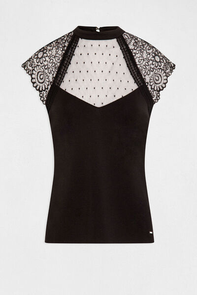 Short-sleeved t-shirt with lace black ladies'