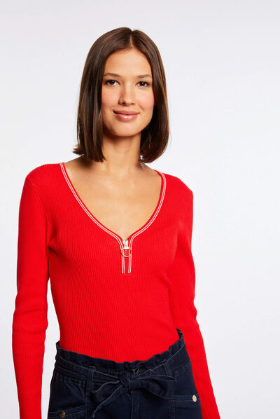 Long-sleeved jumper with V-neck red ladies'