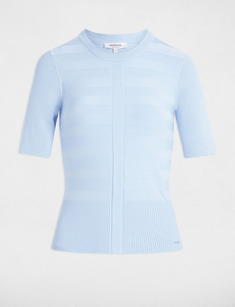 Pull col rond manches courtes bleu ciel femme