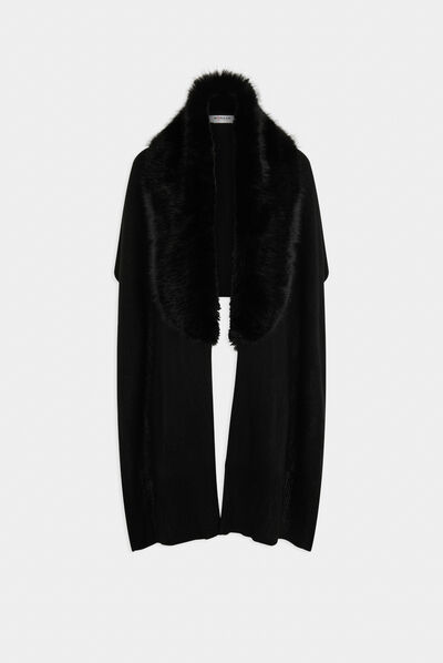 Poncho with faux fur details black ladies'