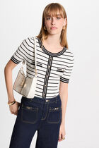 Pull manches courtes rayé blanc femme