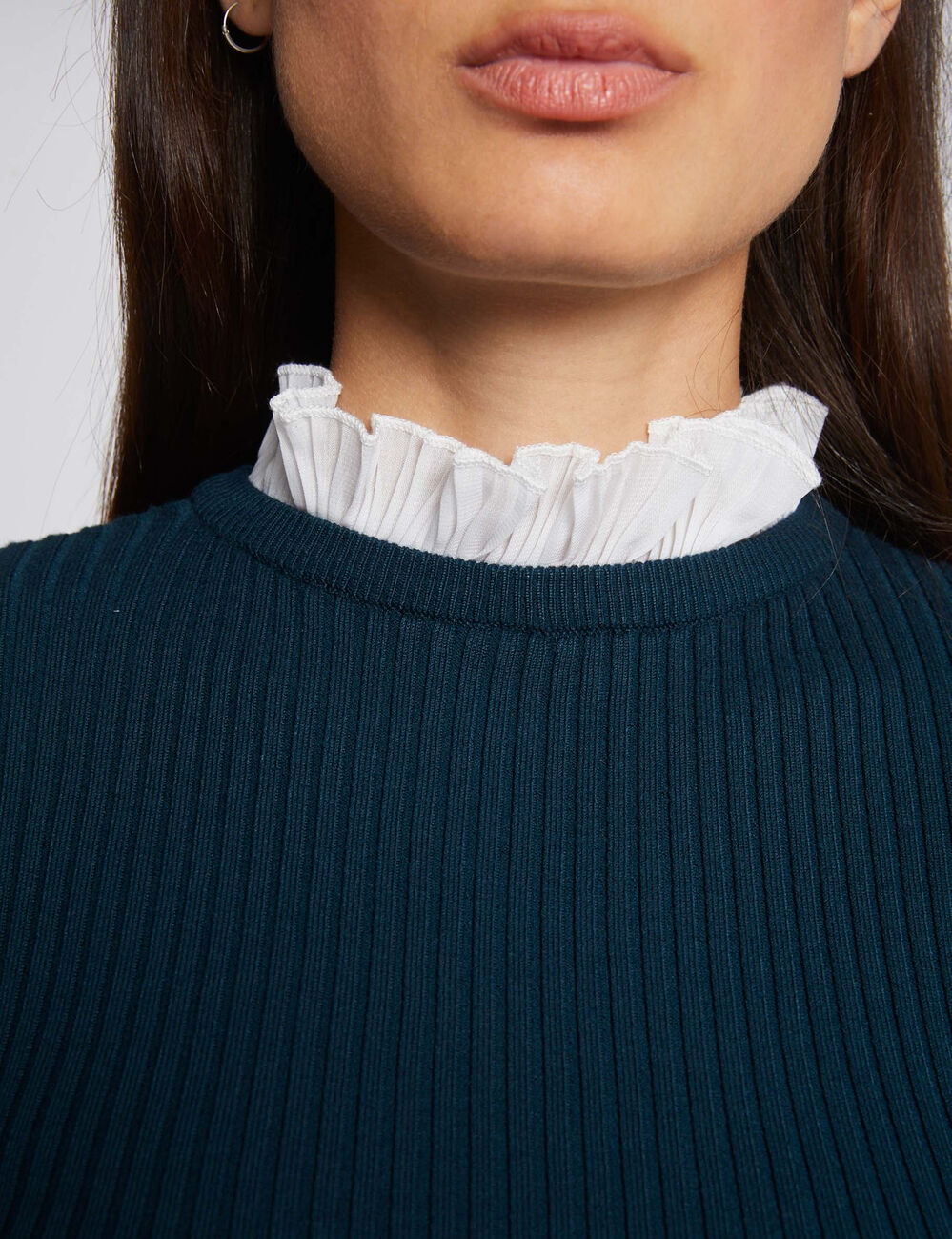 Long-sleeved jumper with pleated collar dark green women