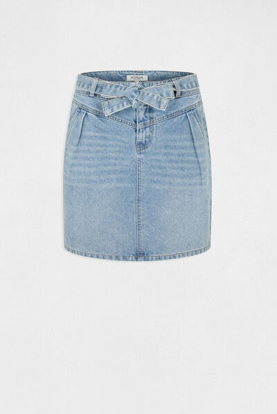 Belted straight denim skirt stone denim ladies'