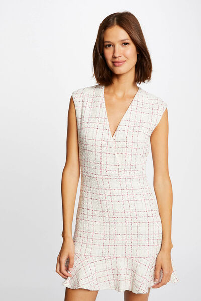 Checked fitted sleeveless dress ecru ladies'