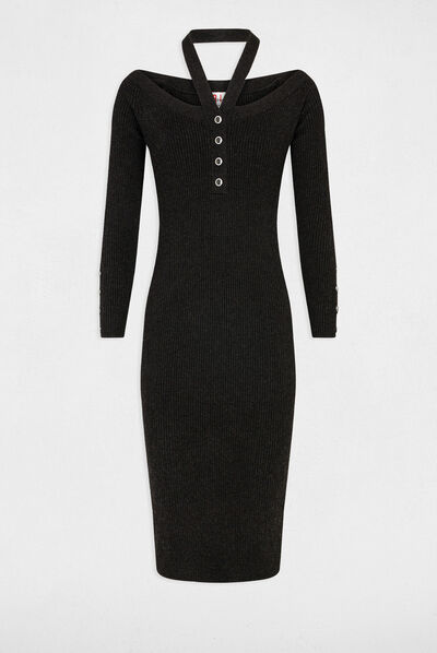 Fitted jumper dress off shoulder collar anthracite grey ladies'