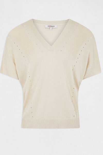 Short-sleeved jumper with V-neck beige ladies'