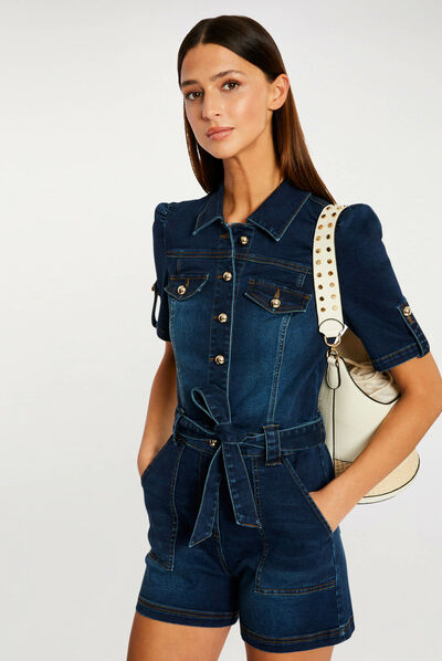Belted buttoned playsuit raw denim ladies'