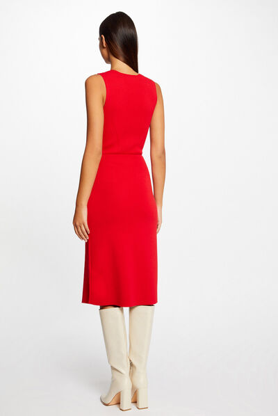 Fitted midi jumper dress with V-neck red ladies'