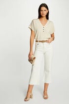 Pull col en V manches courtes beige clair femme