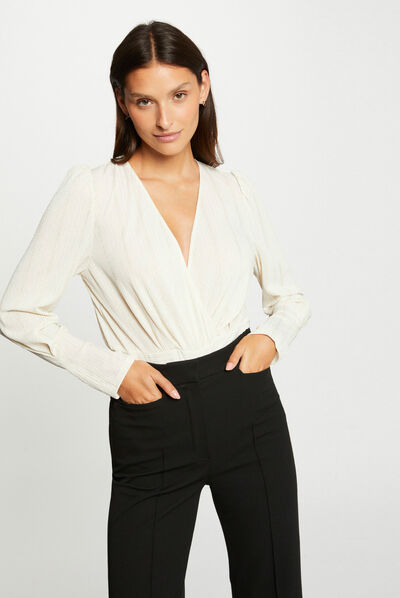 Long-sleeved blouse wrap-over neckline ecru ladies'