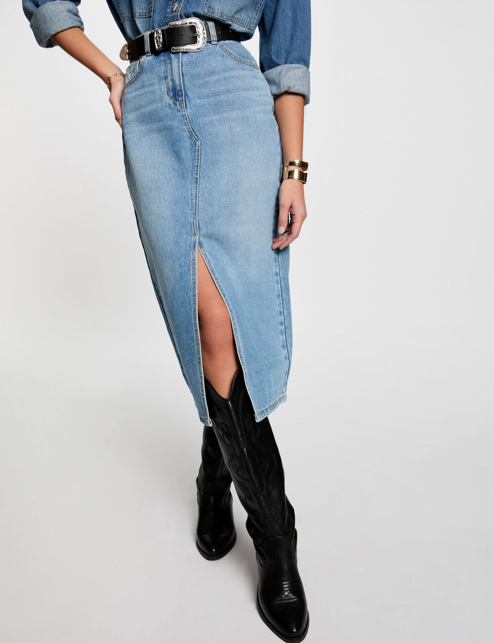 Jupe midi droite en jean denim stone femme