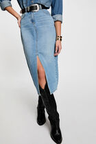 Jupe midi droite en jean denim stone femme