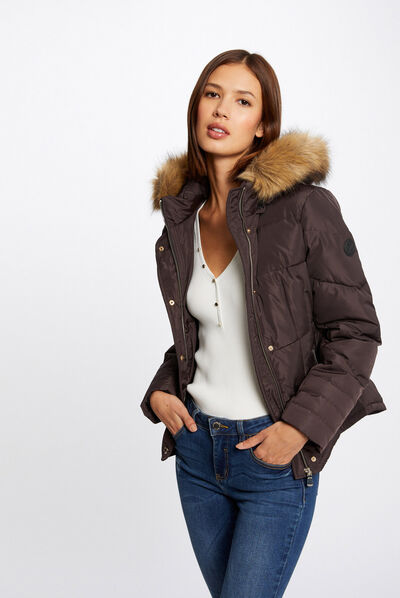 Straight padded jacket with hood chestnut brown ladies'
