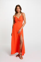 Robe longue droite fendue orange femme