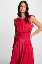 Robe longue évasée à taille smockée framboise femme