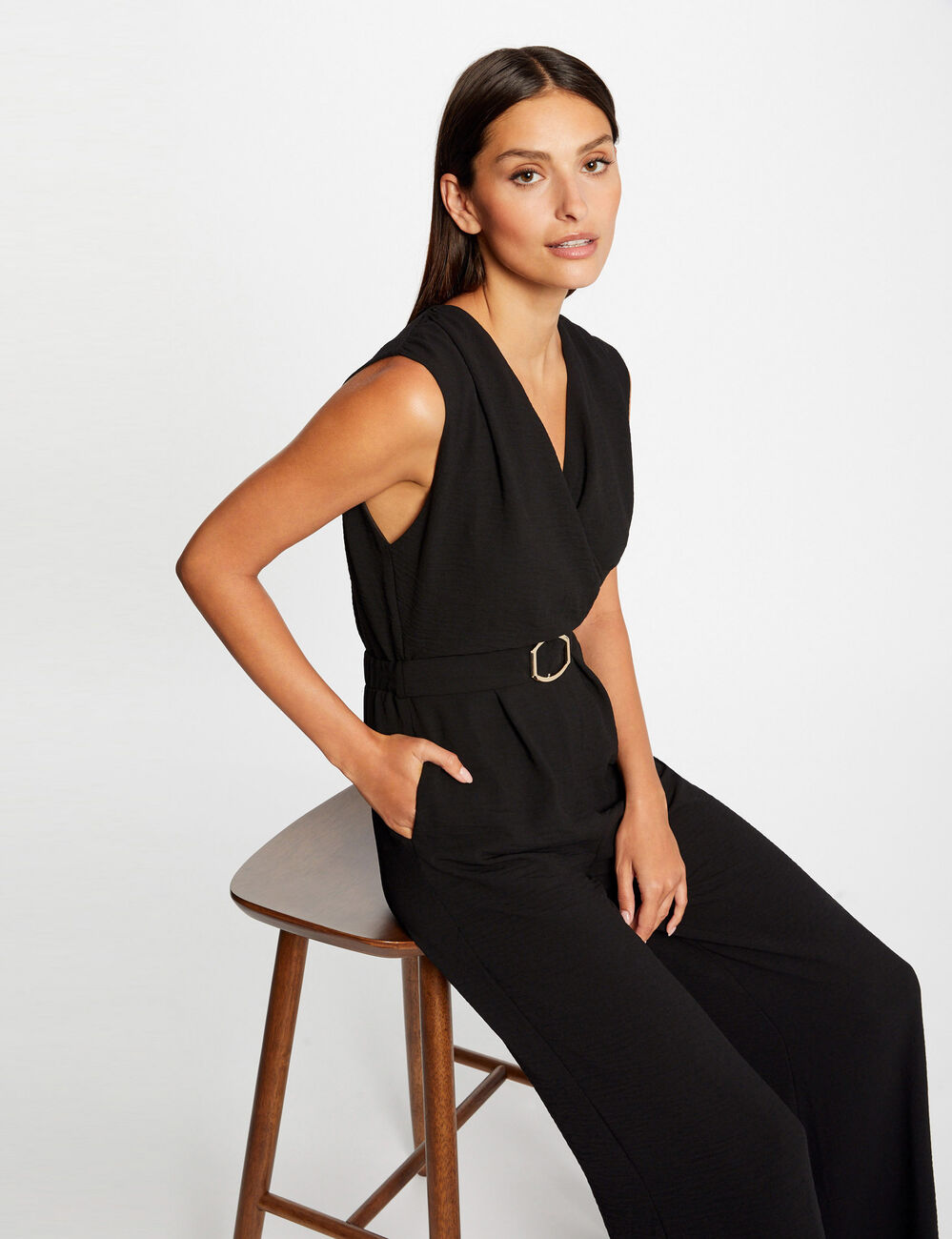 Wide leg jumpsuit with buckle detail black women