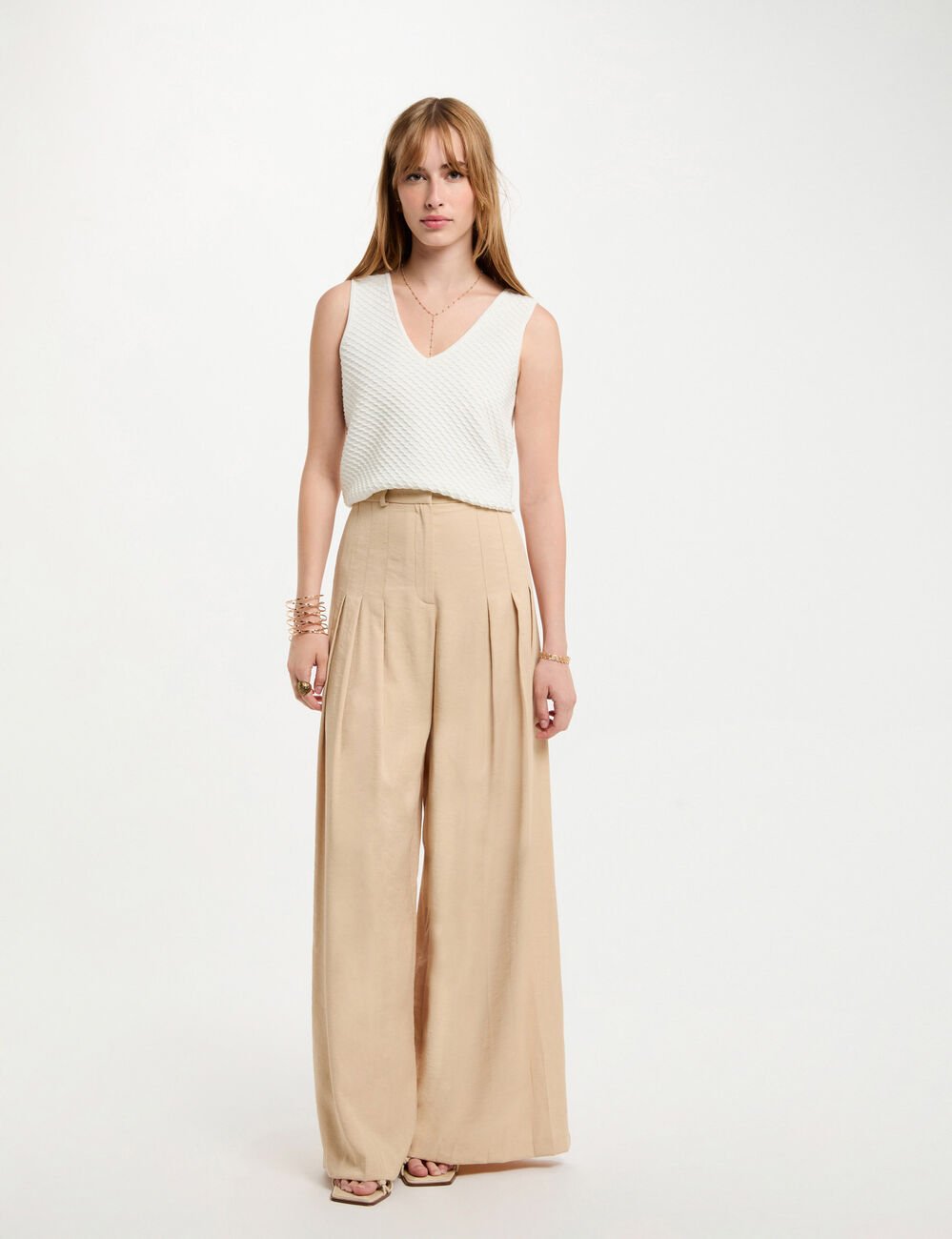 Wide leg trousers with darts cream women