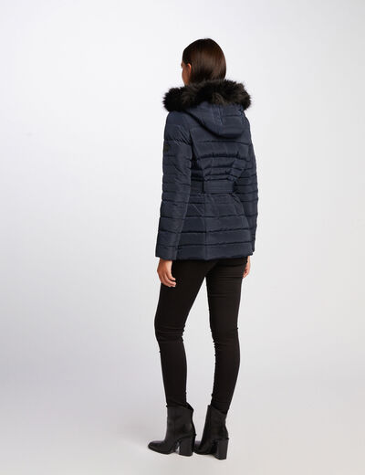 Belted waisted padded jacket with hood navy ladies'