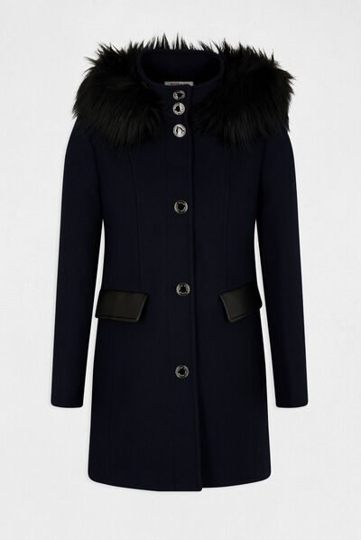 Long coat faux leather details navy ladies'