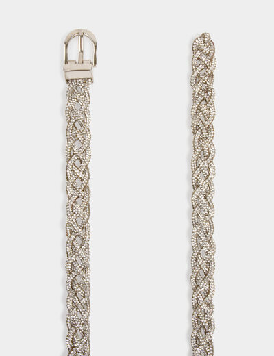 Rhinestones braided belt silver ladies'