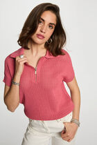 Pull col polo zippé vieux rose femme