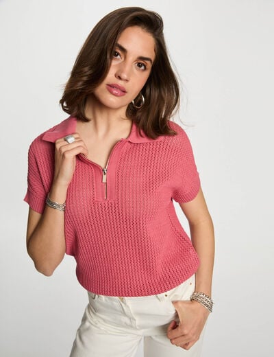 Jumper zipped polo collar antique pink women