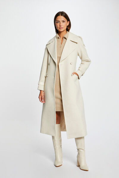 Long waisted coat faux leather details medium ecru ladies'