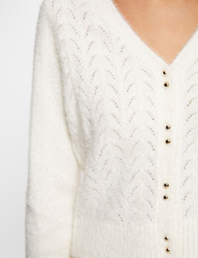 Long-sleeved cardigan openwork details ivory ladies'