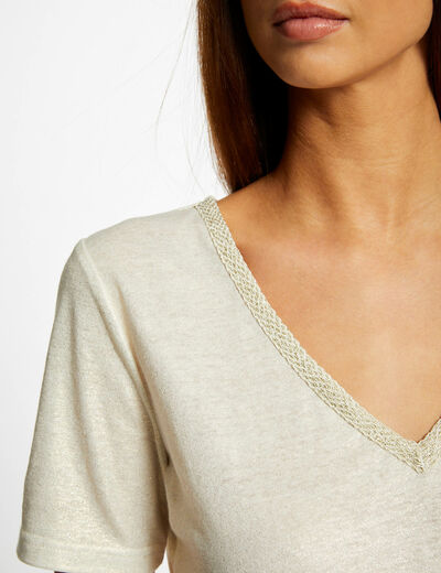 Short-sleeved t-shirt with V-neck ecru women