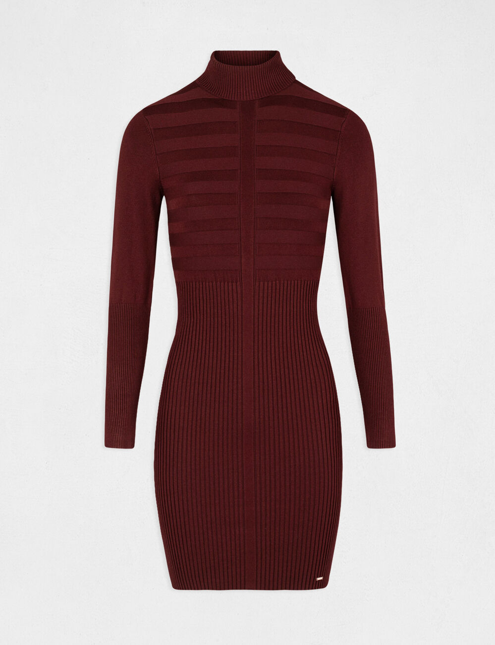 Knitted fitted dress with turtleneck dark purple women
