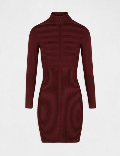 Knitted fitted dress with turtleneck dark purple women